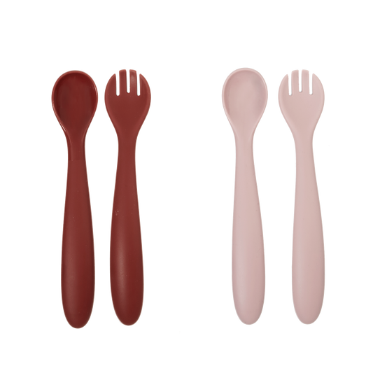 Rebjoorn - Silikone ske og gaffel rød og lyserød 4-pack